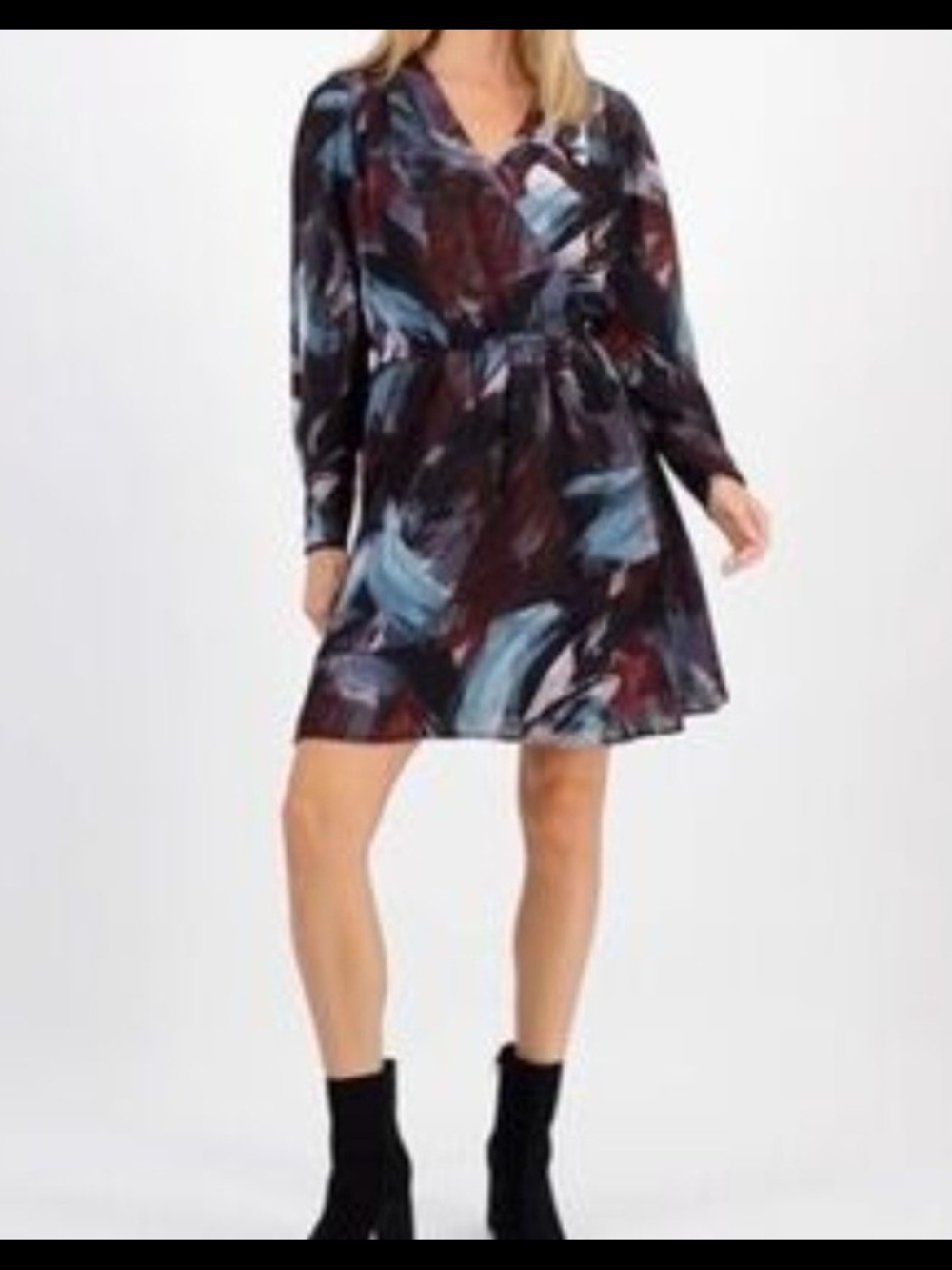 Printed Long-Sleeve V-Neck Swing Dress - Blue & Burgundy